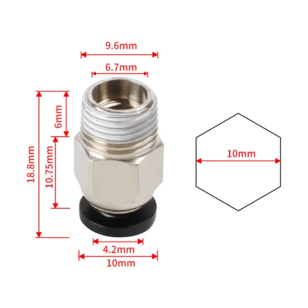 Pneumatic connector M10 10mm (straight) for TPFE tube 2x4mm - Image 2