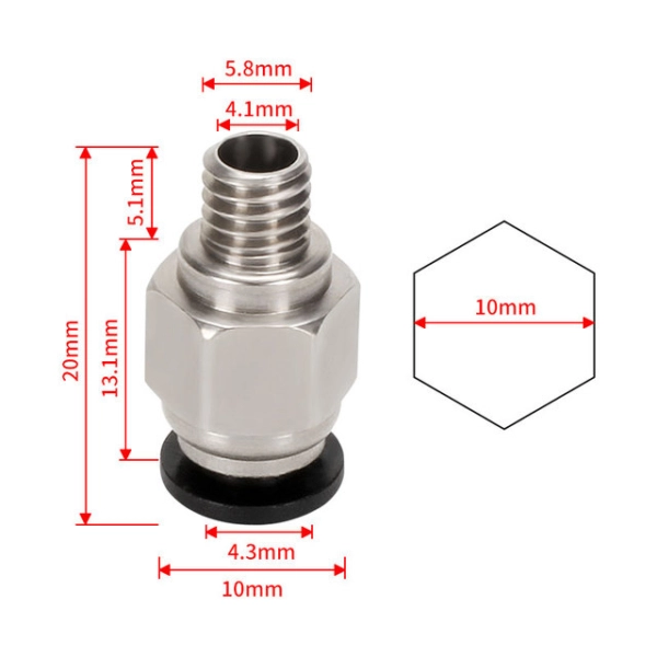 Pneumatic connector M6 10mm (straight) for TPFE tube 2x4mm - Image 2