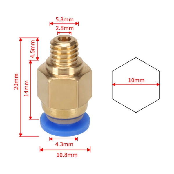 Pneumatic connector M6 10mm for TPFE tube 2x4mm - Image 2