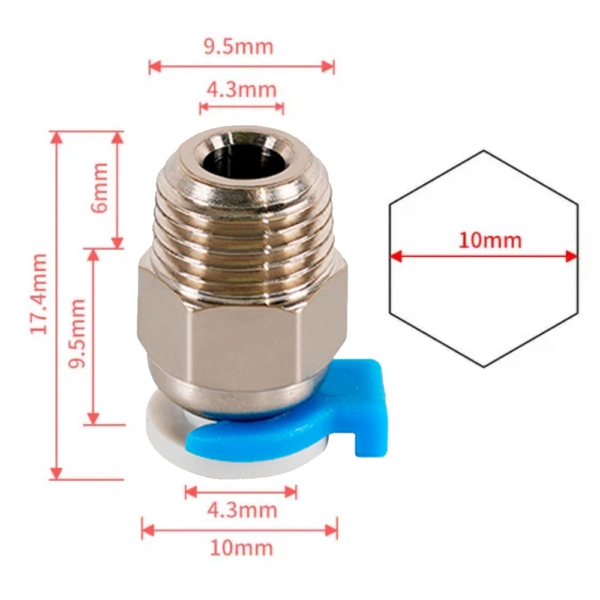 Connecteur pneumatique M10 V6 10mm pour tube TPFE 2x4mm - Image 2