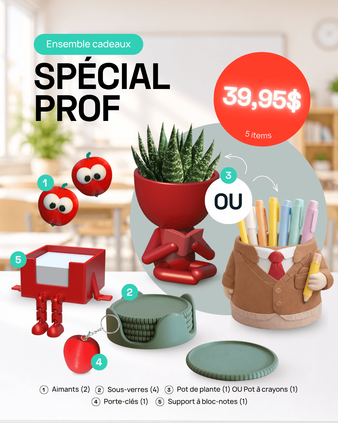 Ensembles cadeaux (5 items) pour professeur.es et éducateurs.trices